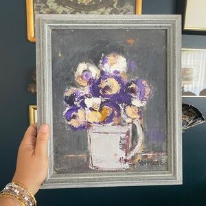 Framed Oil Floral Painting with Purple and Cream Flowers